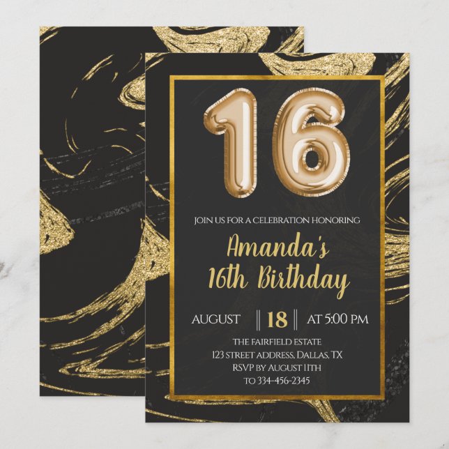 Dark Gold Marble 16th Birthday Invitation (Front/Back)