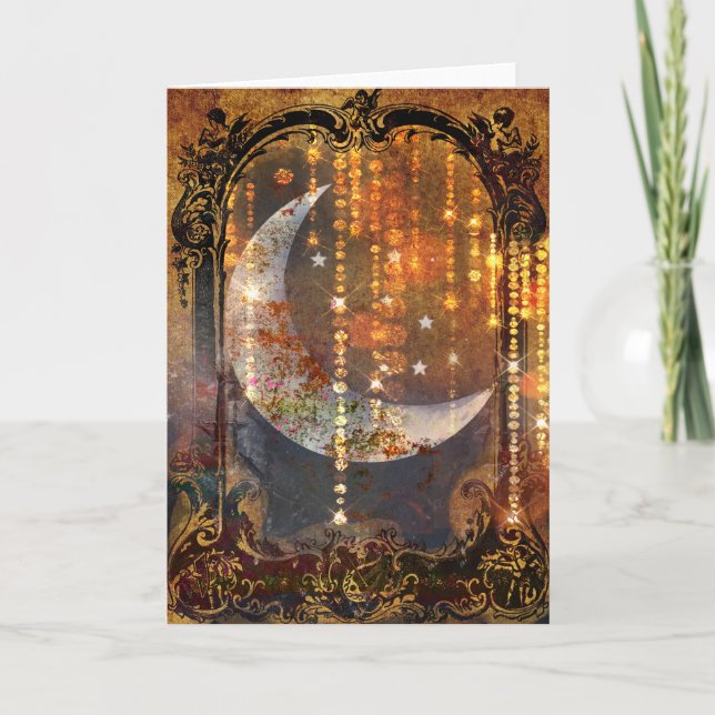 Dark Gold Mystic Crescent Moon Crystals Card (Front)