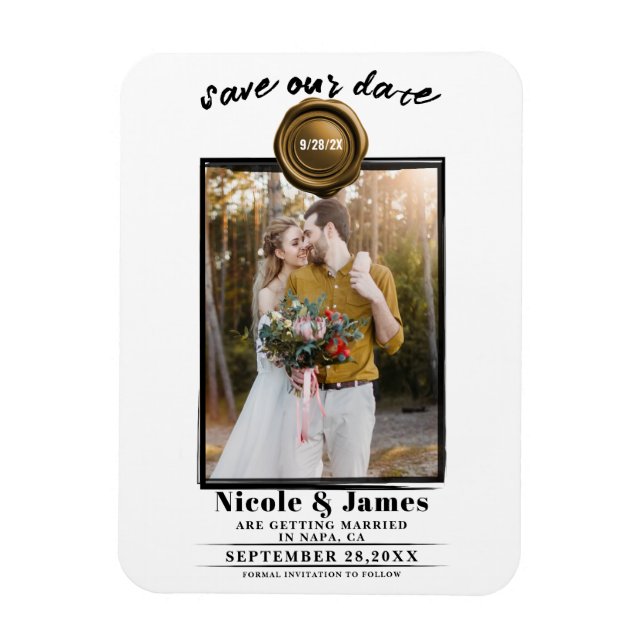 Dark Gold Wax Seal Photo Wedding Save the Date Magnet (Vertical)