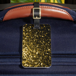Dark gold yellow faux glitter sparkles luggage tag