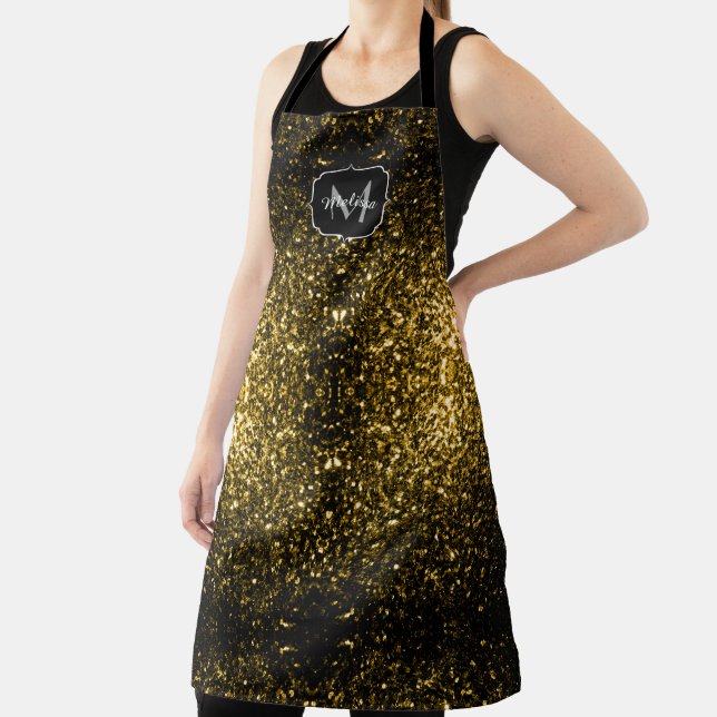 Dark gold yellow faux glitter sparkles Monogram Apron (Insitu)