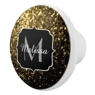 Dark gold yellow faux glitter sparkles Monogram Ceramic Knob