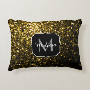 Dark gold yellow faux glitter sparkles Monogram Decorative Cushion
