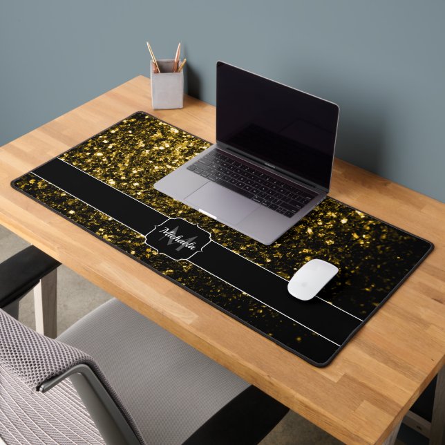 Dark gold yellow faux glitter sparkles Monogram Desk Mat (Office 2)