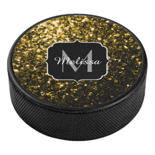 Dark gold yellow faux glitter sparkles Monogram Hockey Puck