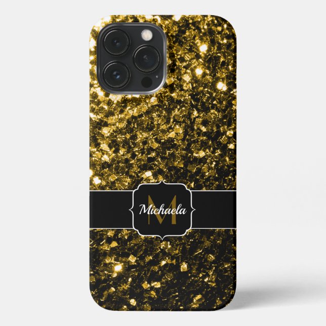 Dark gold yellow faux glitter sparkles Monogram iPhone Case (Back)