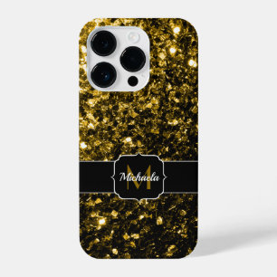 Dark gold yellow faux glitter sparkles Monogram iPhone 14 Pro Case