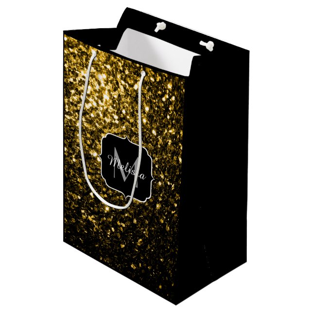 Dark gold yellow faux glitter sparkles Monogram Medium Gift Bag (Front Angled)