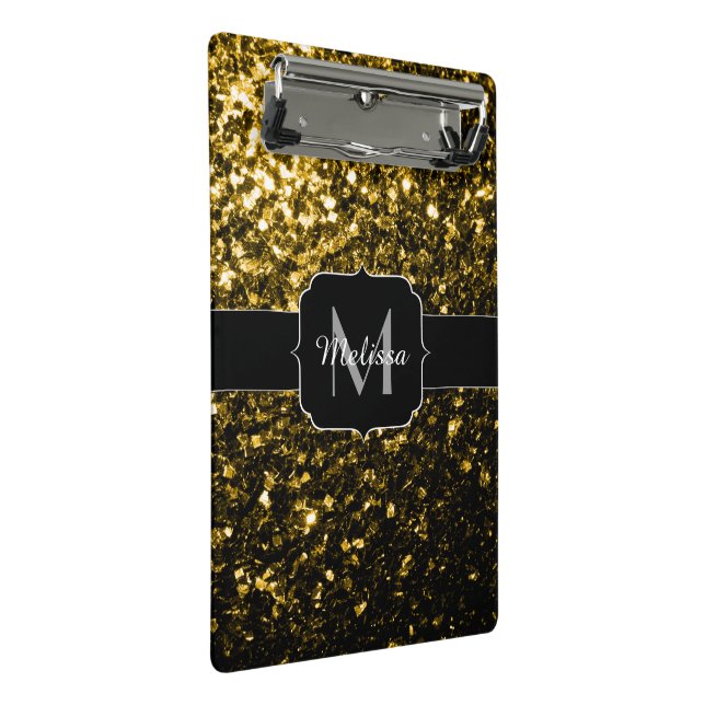 Dark gold yellow faux glitter sparkles Monogram Mini Clipboard (Angled)