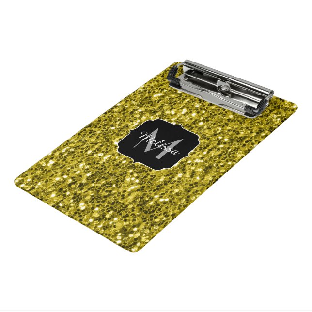  Dark gold yellow faux glitter sparkles Monogram Mini Clipboard (Angled3)