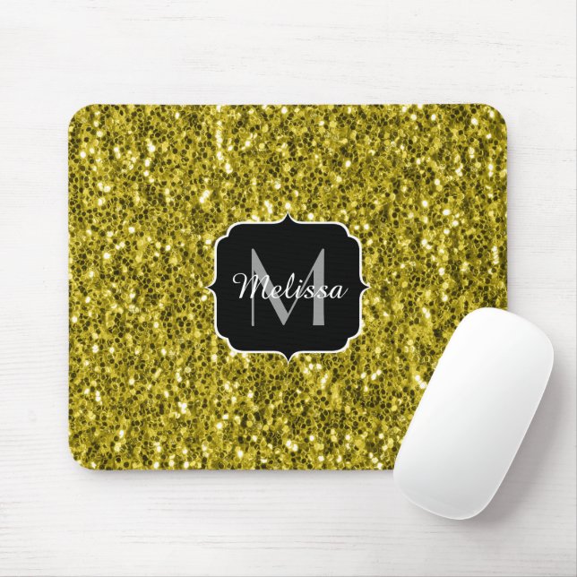  Dark gold yellow faux glitter sparkles Monogram Mouse Mat (With Mouse)