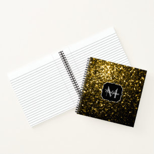 Dark gold yellow faux glitter sparkles Monogram Notebook