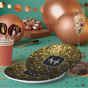 Dark gold yellow faux glitter sparkles Monogram Paper Plate