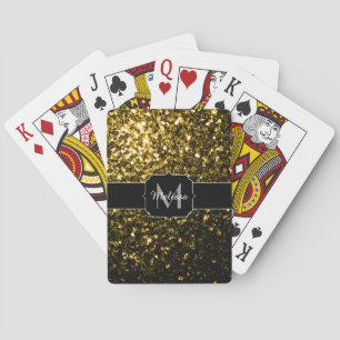 Dark gold yellow faux glitter sparkles Monogram Playing Cards