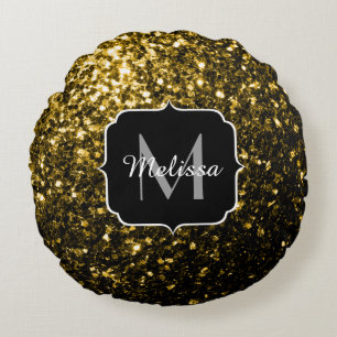 Dark gold yellow faux glitter sparkles Monogram Round Cushion