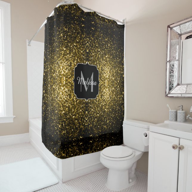 Dark gold yellow faux glitter sparkles Monogram Shower Curtain (In Situ)