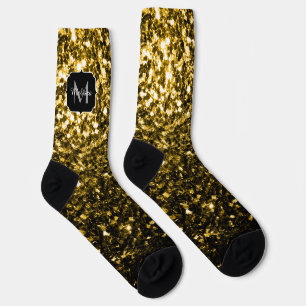Dark gold yellow faux glitter sparkles Monogram Socks