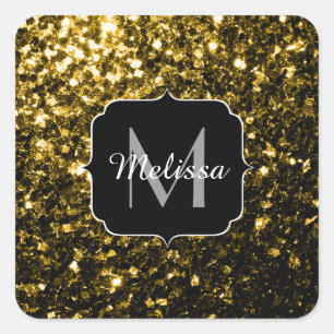 Dark gold yellow faux glitter sparkles Monogram Square Sticker