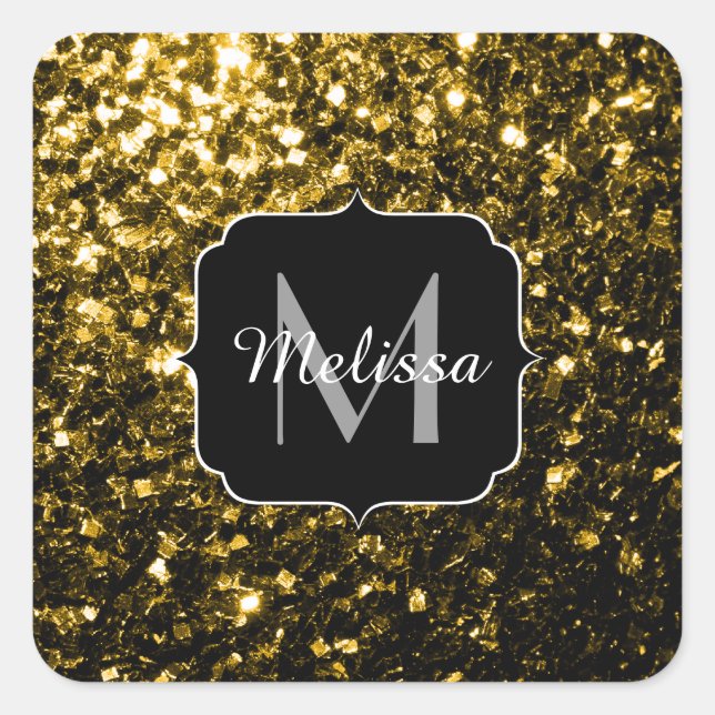 Dark gold yellow faux glitter sparkles Monogram Square Sticker (Front)