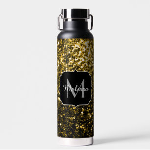Dark gold yellow faux glitter sparkles Monogram Water Bottle