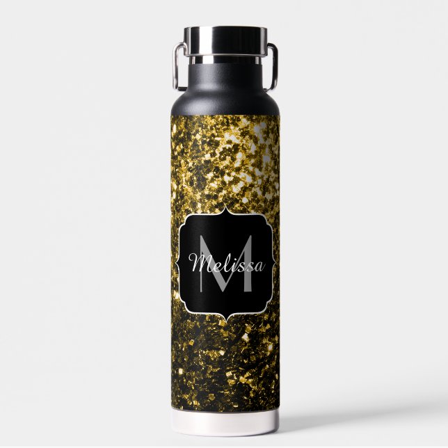 Dark gold yellow faux glitter sparkles Monogram Water Bottle (Front)