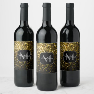 Dark gold yellow faux glitter sparkles Monogram Wine Label