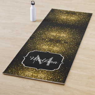 Dark gold yellow faux glitter sparkles Monogram Yoga Mat