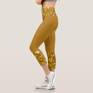 Dark gold yellow faux glitter sparkles Romantic Capri Leggings