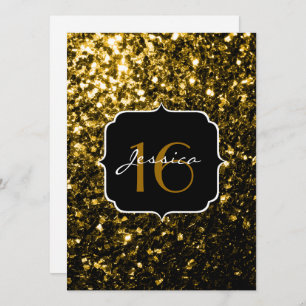 Dark gold yellow faux glitter sparkles Sweet 16 Invitation