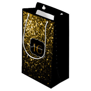 Dark gold yellow faux glitter sparkles Sweet 16 Small Gift Bag