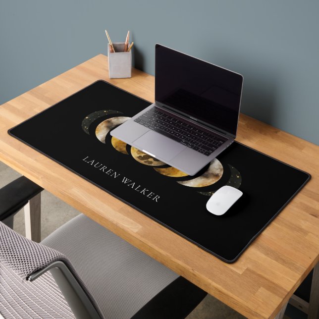 dark golden moon phases celestial monogram desk mat (Office 2)