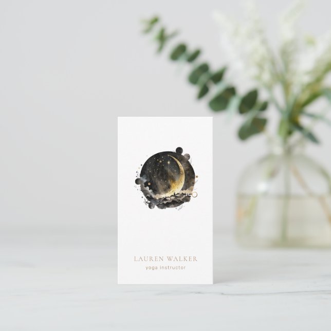 Dark Golden Moon Phases Yoga Studio Business Card (Standing Front)