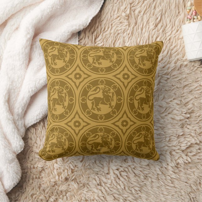 Dark Goldenrod Mediaeval Lions Throw Pillow (Blanket)
