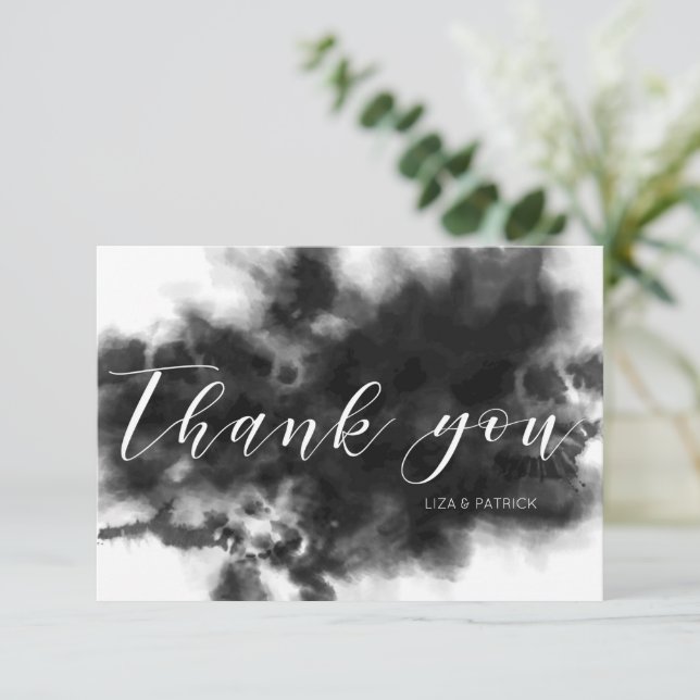 Dark Goth Black Watercolor Wedding Thank You Card (Standing Front)