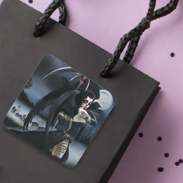 Dark Gothic Angel Death Sugar Skull Fantasy Square Sticker (Creator Uploaded)