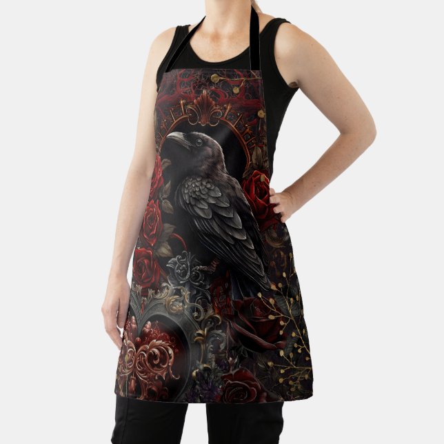 Dark Gothic Beauty Red Roses Black Crow Raven Bird Apron (Insitu)