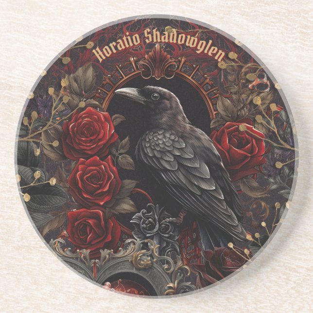 Dark Gothic Beauty Red Roses Black Crow Raven Bird Coaster (Front)