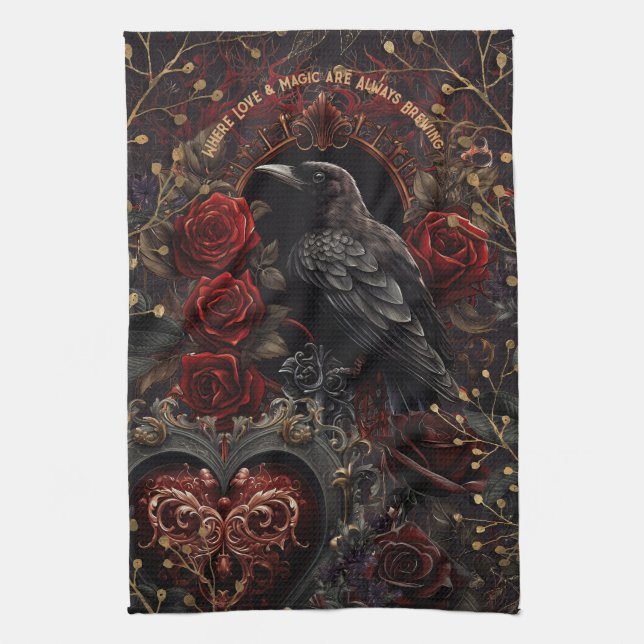 Dark Gothic Beauty Red Roses Black Crow Raven Bird Tea Towel (Vertical)