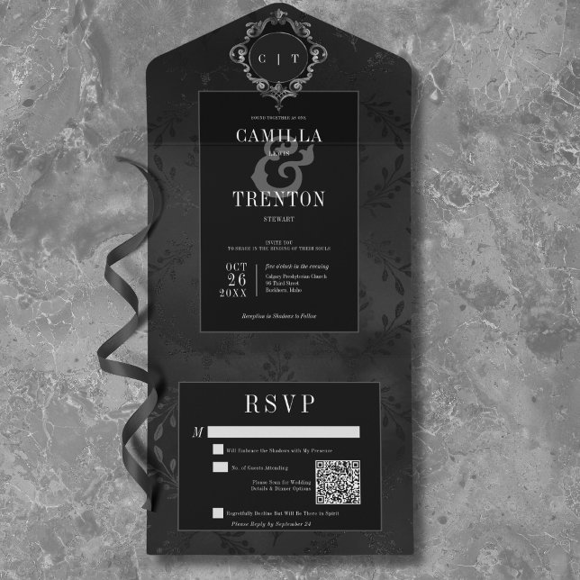 Dark Gothic Black & Black Floral Satin QR Code All In One Invitation (Dark Gothic Black & Black Floral Satin QR Code All In One Invitation)