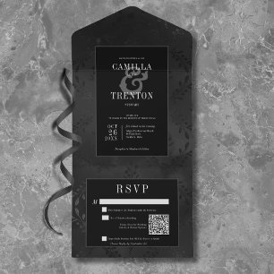 Dark Gothic Black & Black Floral Satin QR Code All In One Invitation
