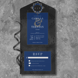 Dark Gothic Black & Blue Floral Satin No Dinner All In One Invitation