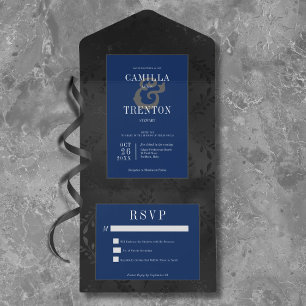 Dark Gothic Black & Blue Floral Satin No Dinner All In One Invitation