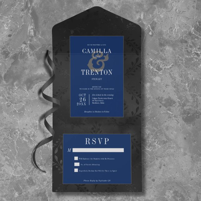 Dark Gothic Black & Blue Floral Satin No Dinner All In One Invitation (Creator Uploaded)
