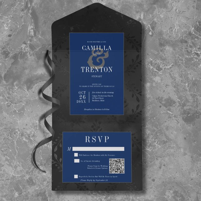 Dark Gothic Black & Blue Floral Satin QR Code All In One Invitation (Creator Uploaded)