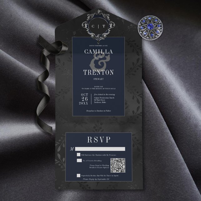 Dark Gothic Black & Blue Floral Satin QR Code All In One Invitation (Also available without a QR code; with or without dinner selection options.)