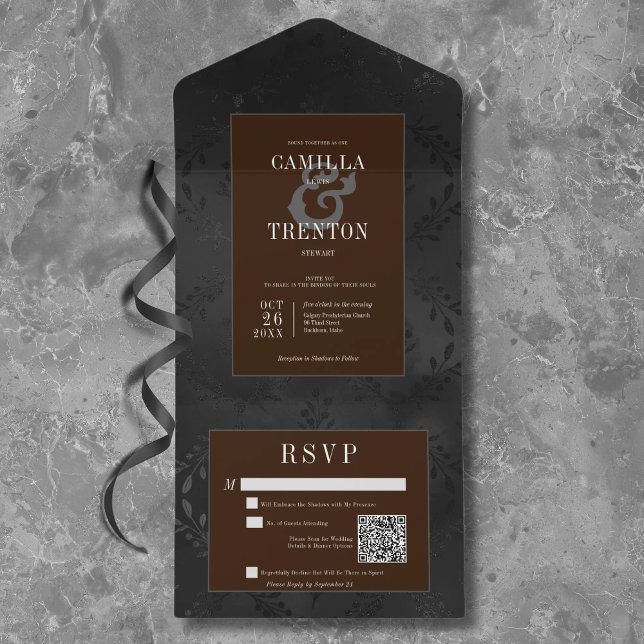 Dark Gothic Black & Brown Floral Satin QR Code All In One Invitation (Creator Uploaded)