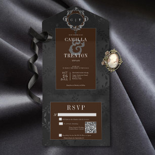 Dark Gothic Black & Brown Floral Satin QR Code All In One Invitation