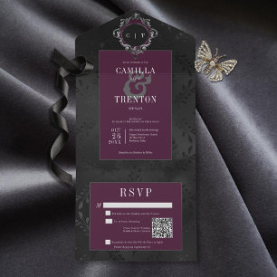 Dark Gothic Black & Burgundy Floral Satin QR Code All In One Invitation