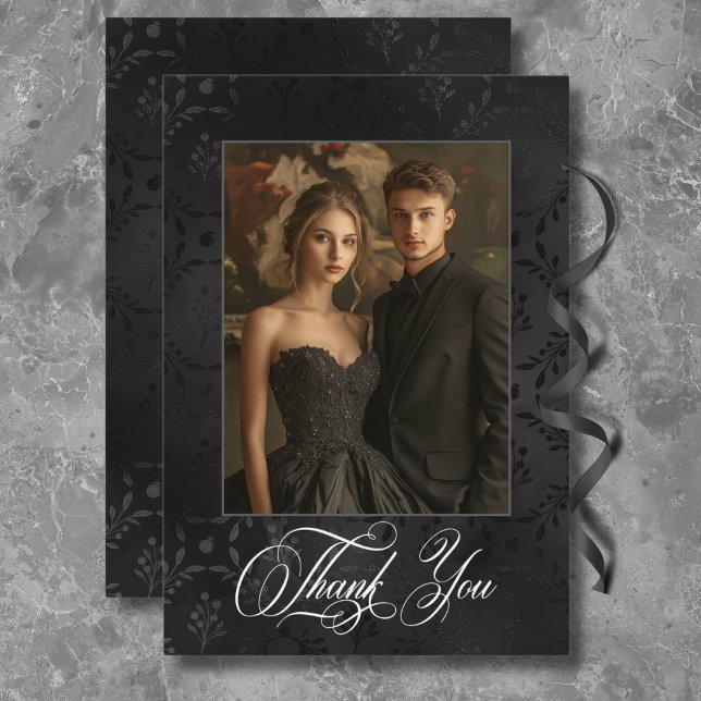 Dark Gothic Black Floral Satin Damask Blue Wedding Thank You Card (Creator Uploaded)