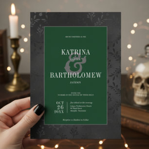 Dark Gothic Black Floral Satin Damask Green Invitation